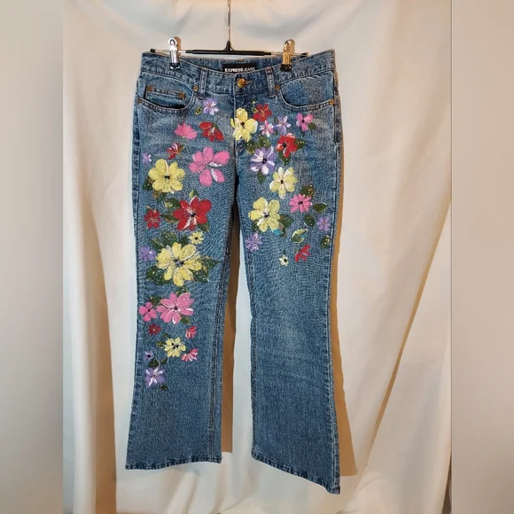 Express Denim Jeans with Painted Vibrant Floral And Beaded Design - Picture 2 of 8